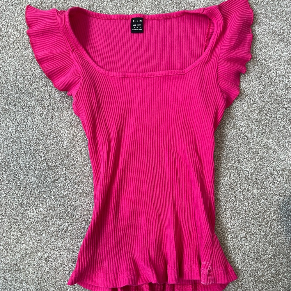 Pink Ruffled Sleeve Ribbed Top - Picture 2 of 2